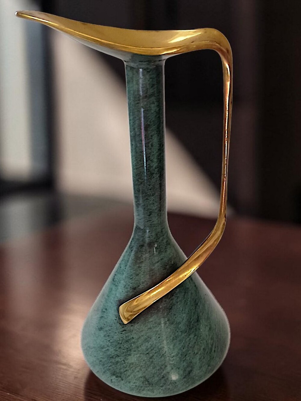 Vintage Pal Bell Brass Ewer Pitcher Israel Green‎ Enamel MCM Modernist Freeform